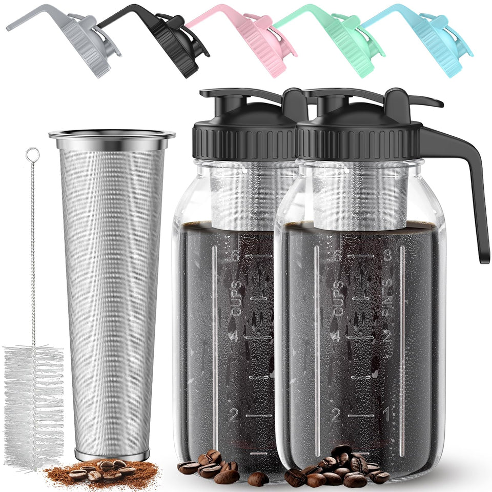 AHOMSEL two-pack 64 oz cold brew jar with handle for easy pouring.