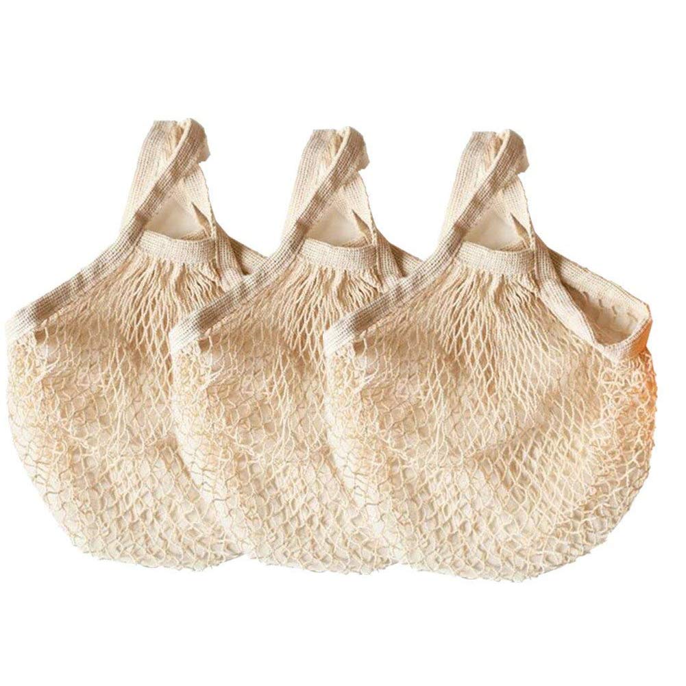 Ahyuan beige cotton mesh bags pack of 3 for eco grocery shopping