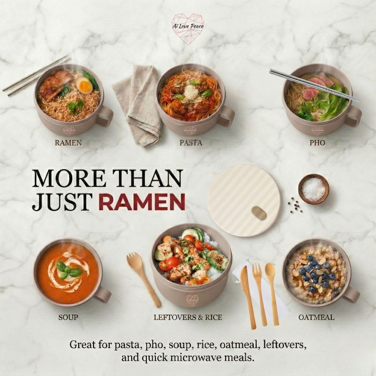 AI LOVE PEACE durable, lightweight ramen bowl designed for daily transport.