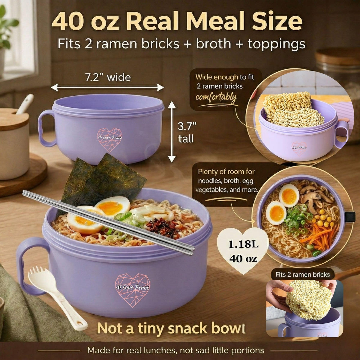 AI LOVE PEACE ramen bowl with vented lid for safe steam release