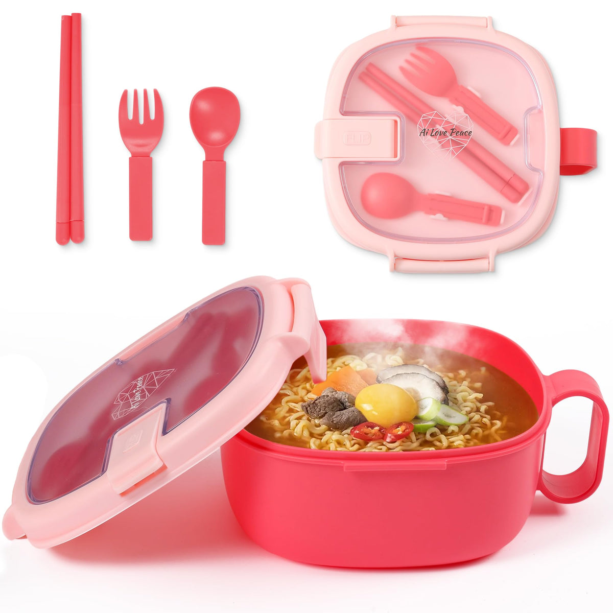 AI LOVE PEACE ramen bowl with lid ensuring spill-free reheating and convenient storage.