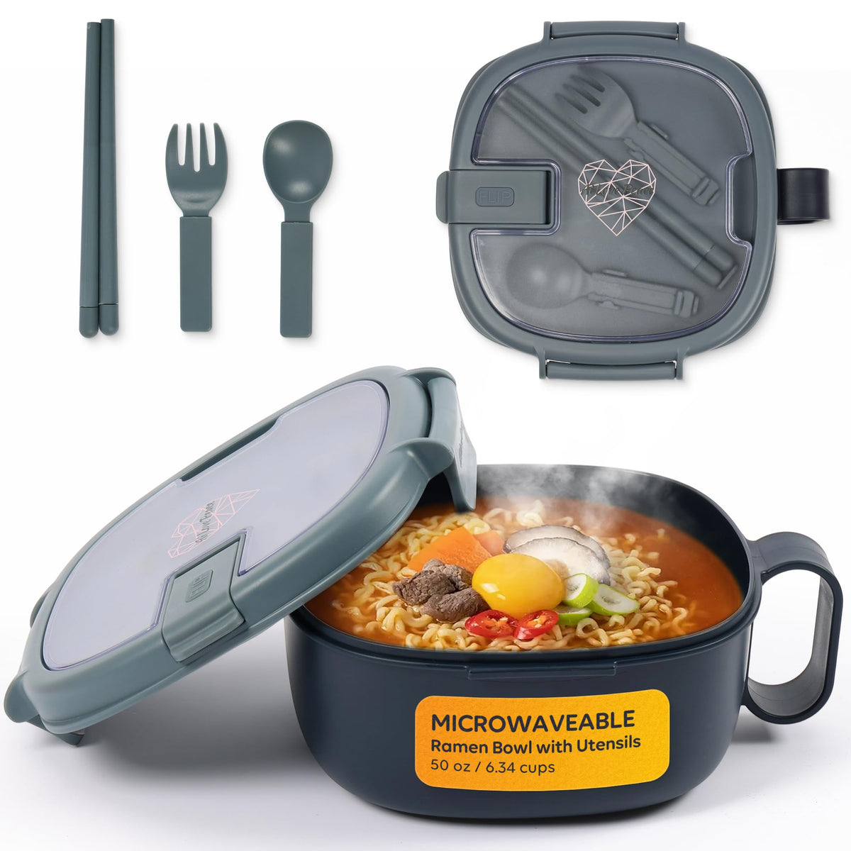 AI LOVE PEACE ramen bowl with lid showing leakproof design for mess-free reheating