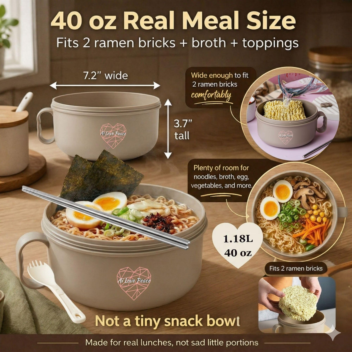 AI LOVE PEACE microwave-safe ramen bowl ready for fast, convenient cooking.