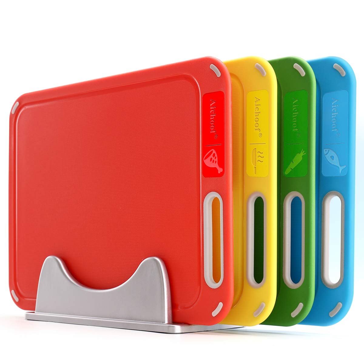 Aichoof red cutting board with ham icon for meat prep and juices containment.