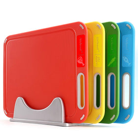 Aichoof red cutting board with ham icon for meat prep and juices containment.