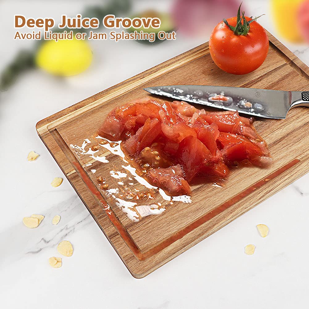 AIDEA Acacia juice-groove board close-up showing spill containment and easy cleanup