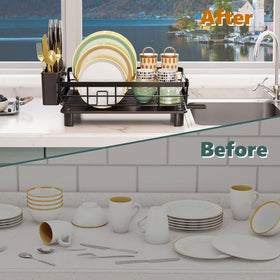AIDERLY black finish dish drying rack adds a modern look to counters.