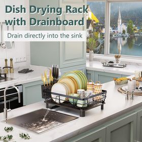 AIDERLY dish drying rack shows a built-in utensil holder for organized cutlery.