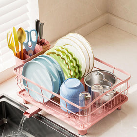 AIDERLY Iron Dish Drying Rack with auto-drain keeps countertops dry after meals.