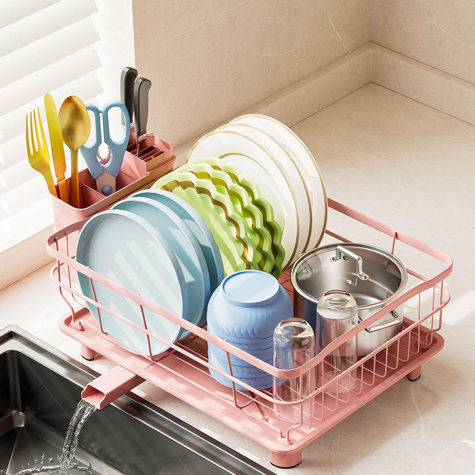 AIDERLY Iron Dish Drying Rack with auto-drain keeps countertops dry after meals.