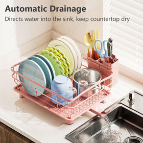 AIDERLY Iron Dish Drying Rack shows a concave drainboard for quick water drainage.
