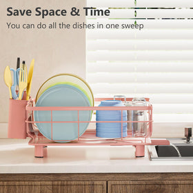AIDERLY Iron Dish Drying Rack features a removable cutlery basket for organized utensils.