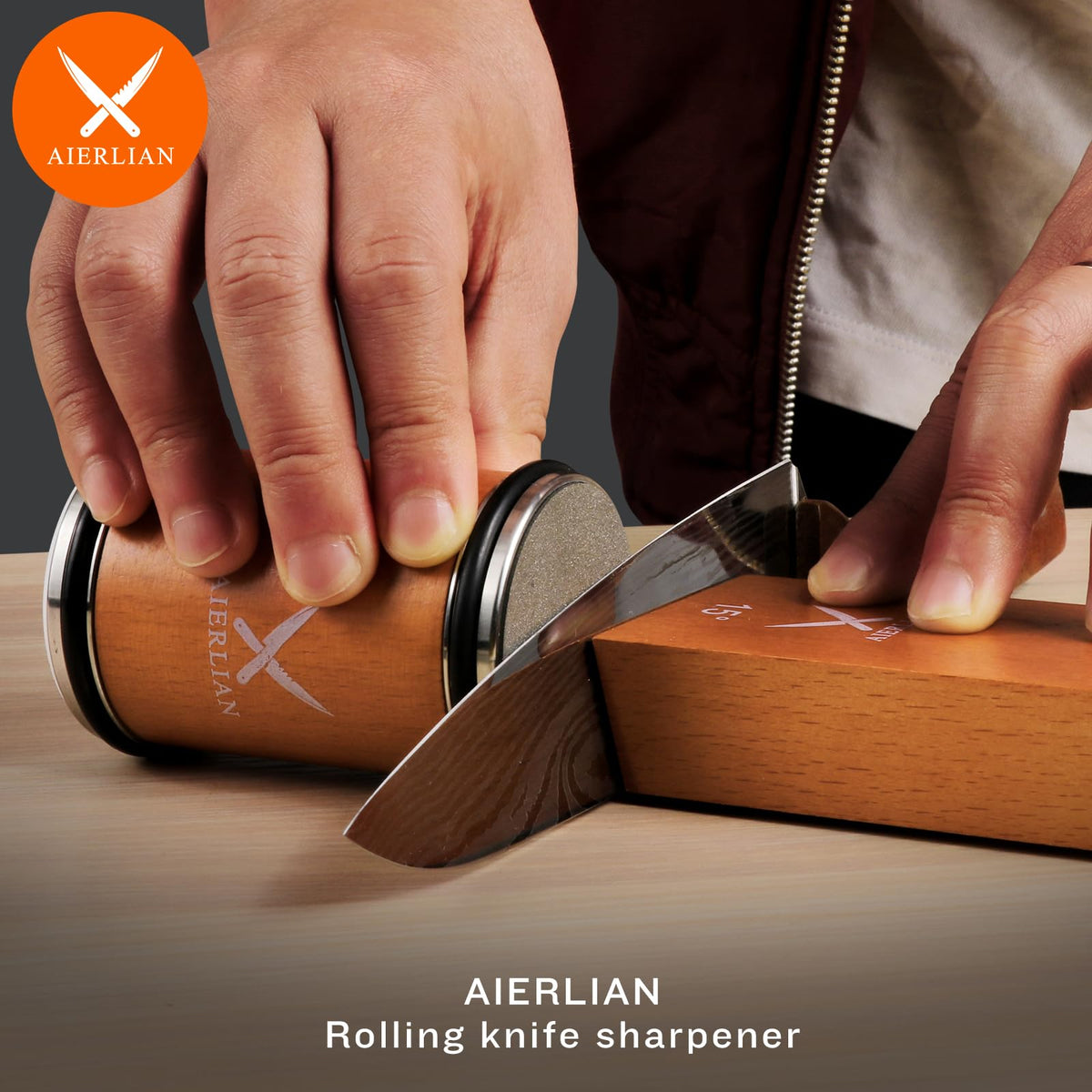 AIERLIAN knife sharpener with diamond disc for aggressive edge reconditioning.