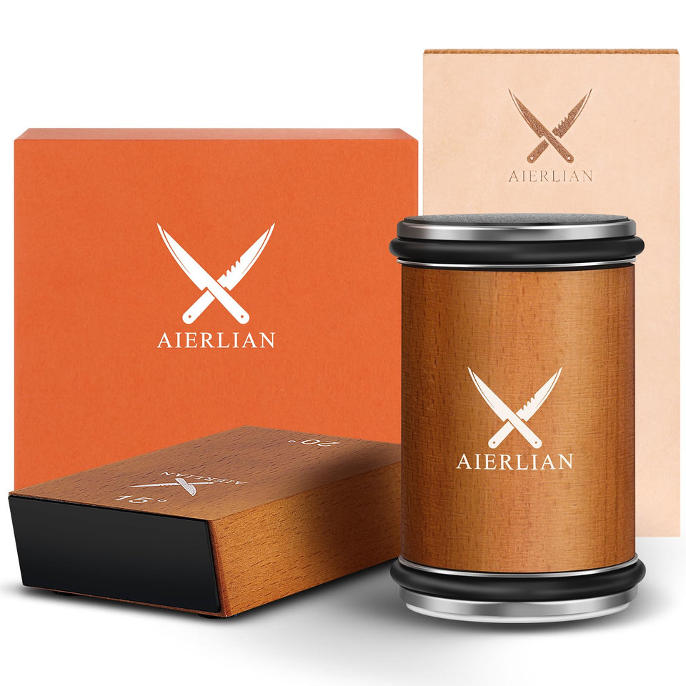 AIERLIAN knife sharpener roller on wood base for precise edge maintenance.