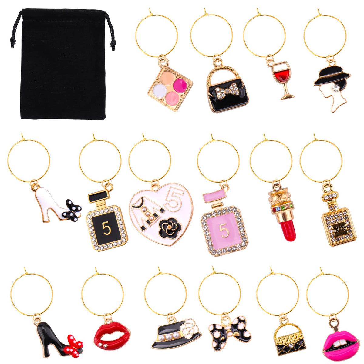 AIERSA wine glass charms with pattern bags for elegant drink markers