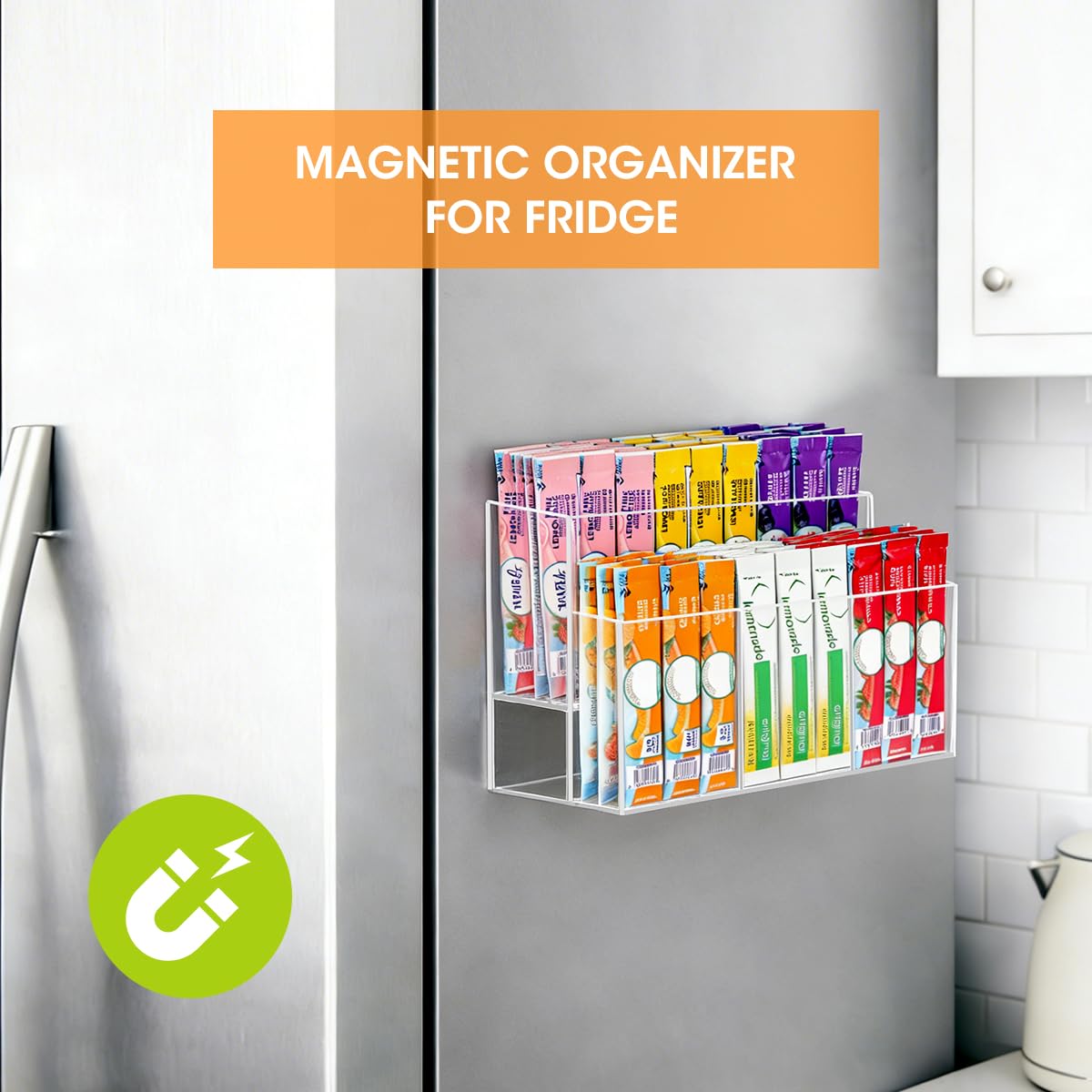 AIEVE 2-tier acrylic fridge organizer viewed from above for stacked storage.