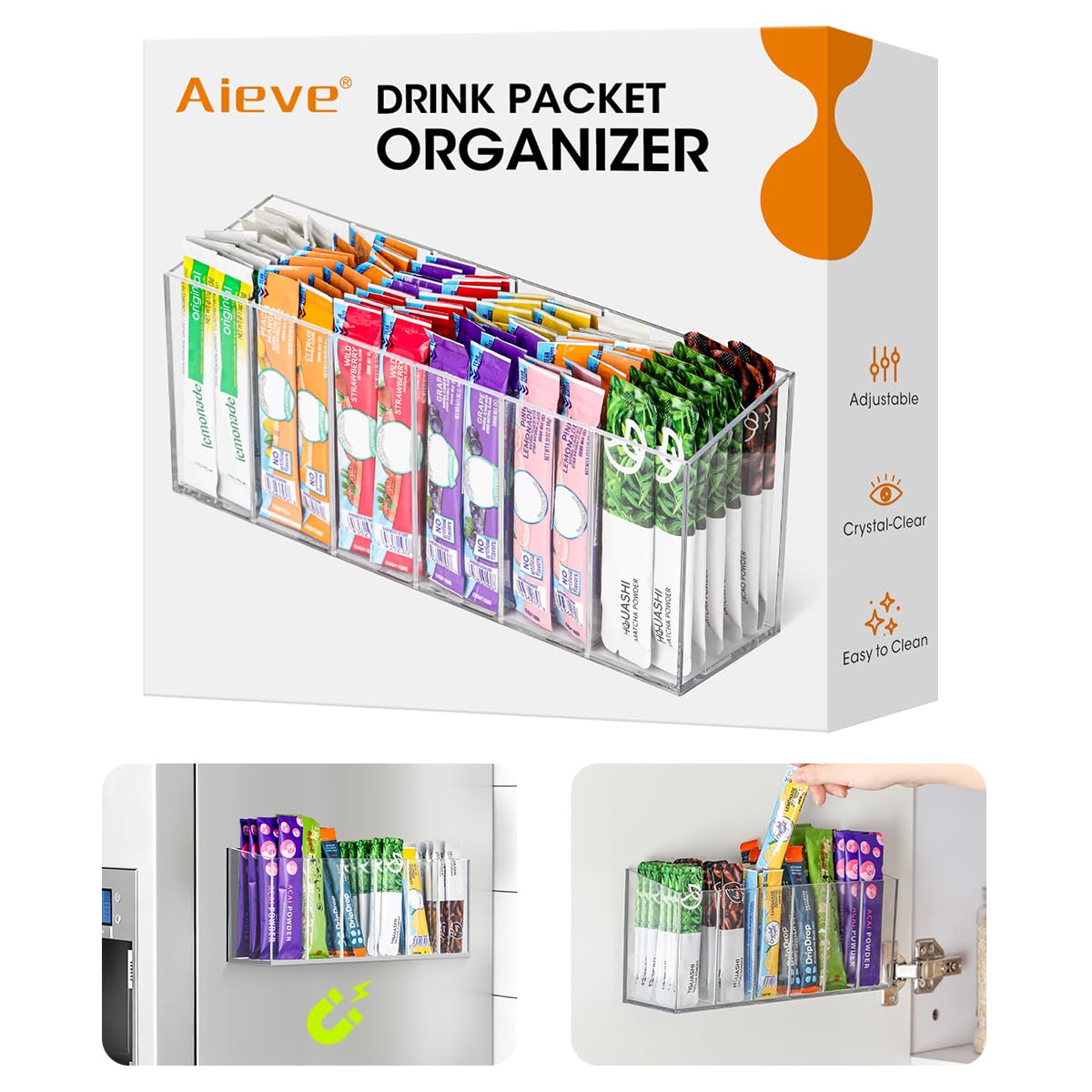 AIEVE mountable storage fits countertop, fridge, and cabinet spaces
