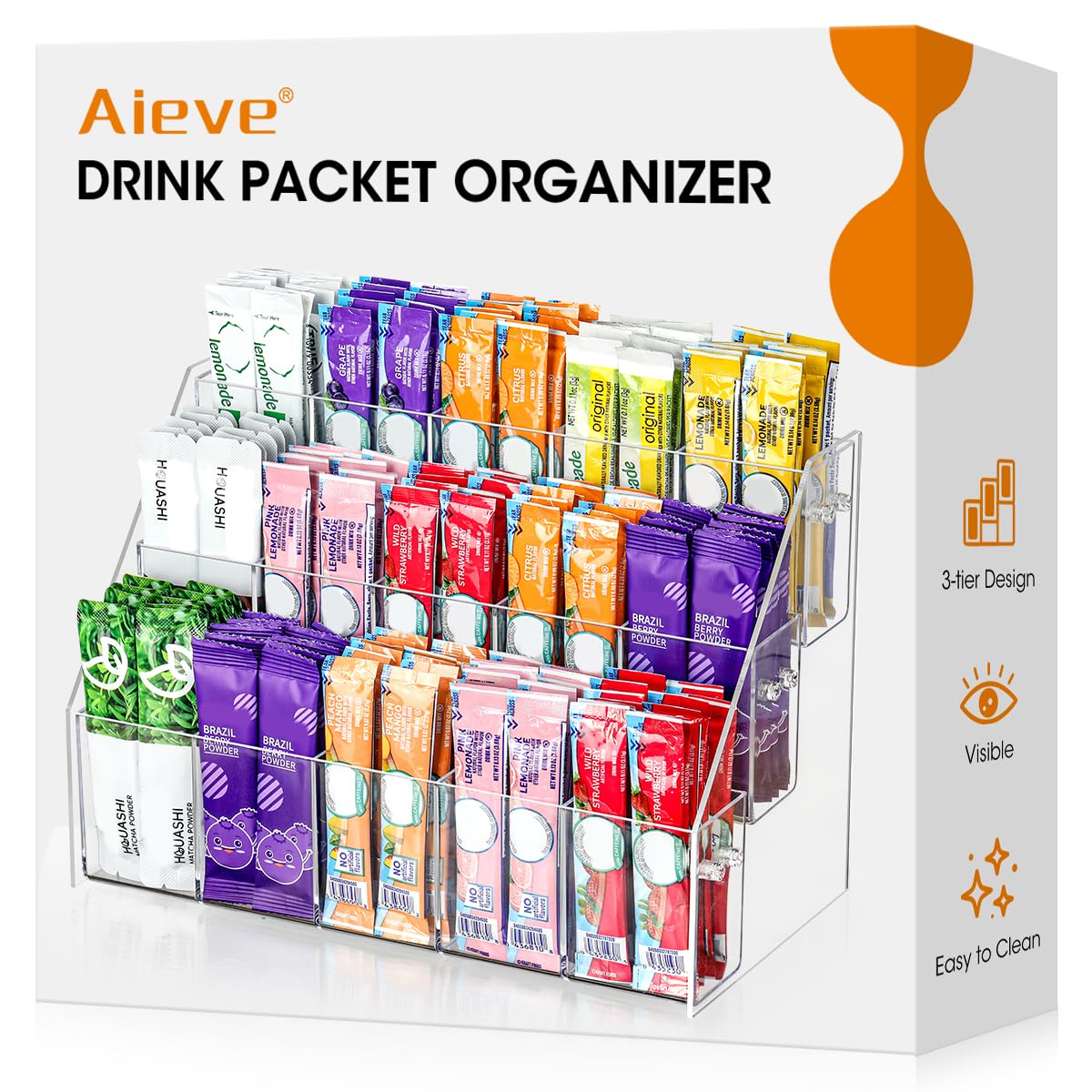 AIEVE drink packet organizer on kitchen counter with 15 compartments for easy flavor access.