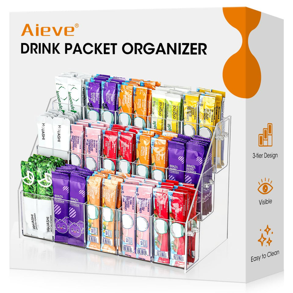 AIEVE drink packet organizer on kitchen counter with 15 compartments for easy flavor access.
