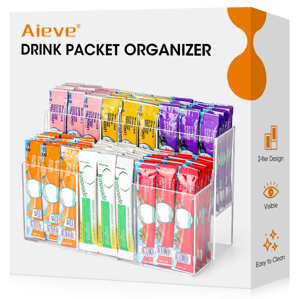AIEVE drink packet organizer 2-tier front view shows easy access to mixes