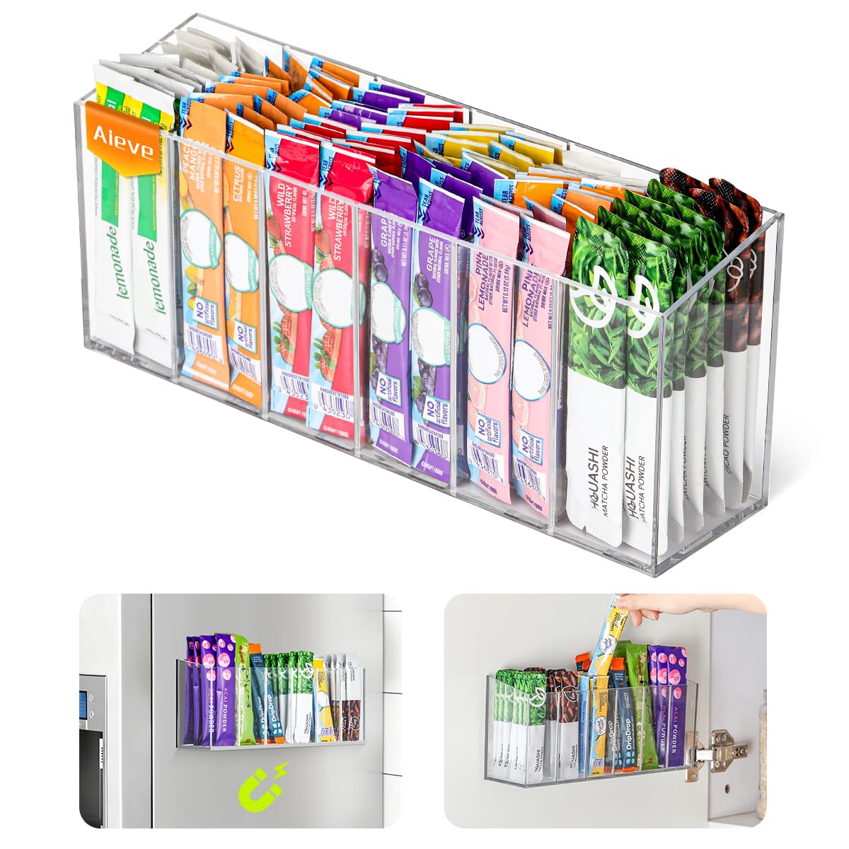 AIEVE drink packet organizer on fridge door provides easy access to packets