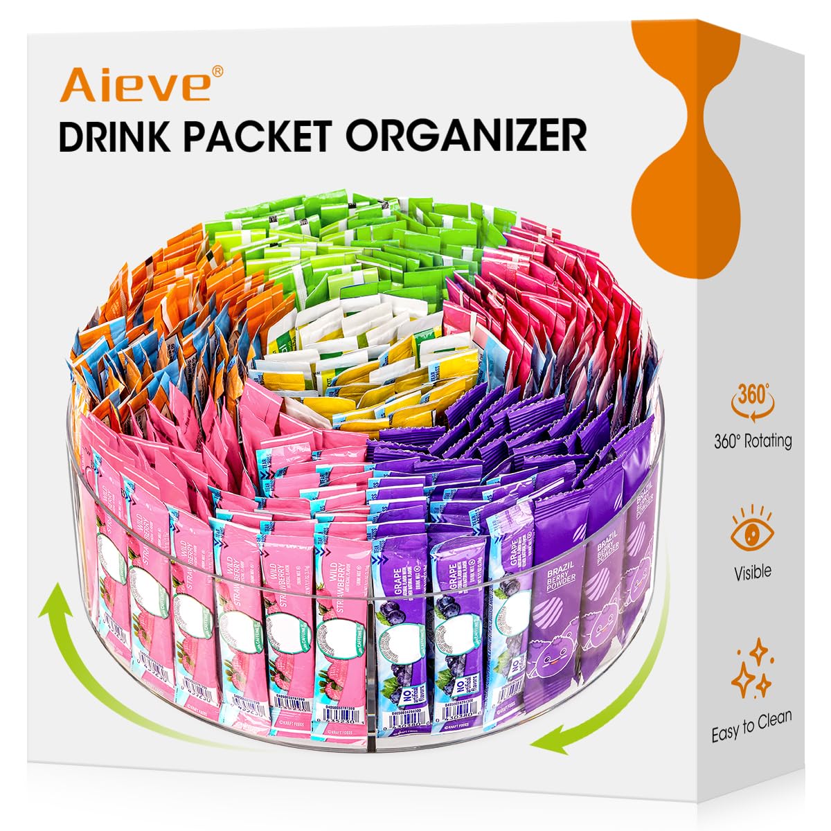 AIEVE extra-large drink packet organizer with 360° rotation for easy reach.