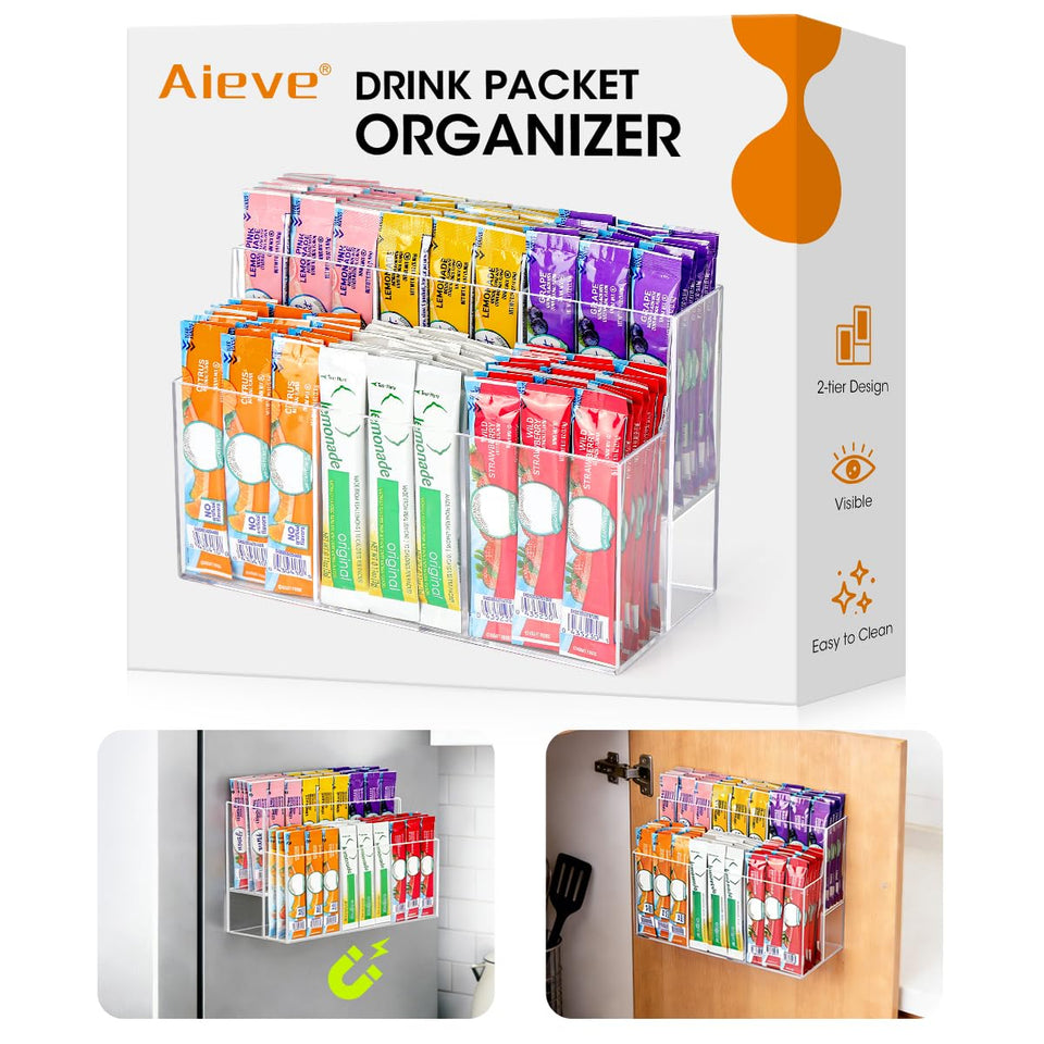 AIEVE magnetic drink packet organizer front view with quick-access flavor packets.