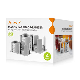 AIEVE Mason jar lid organizer four-pack showing the lids-and-rings rack saves space.