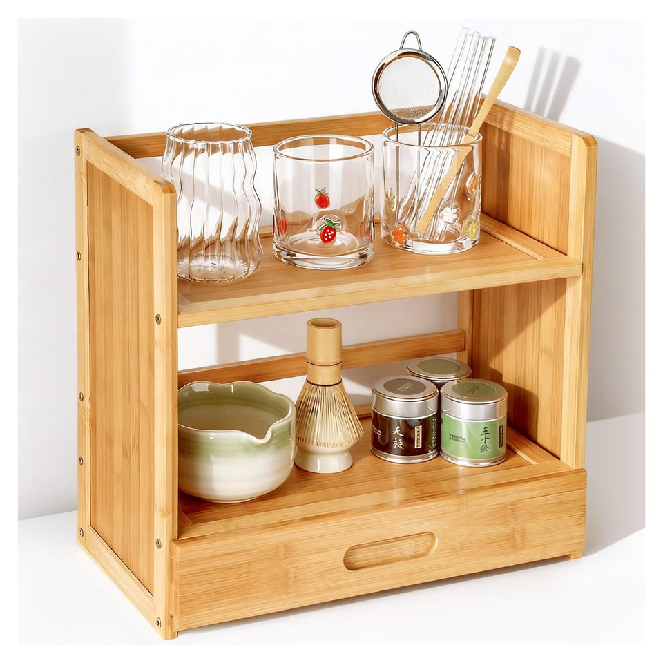 AIEVE Matcha Station 2-Tier Bamboo Shelf organizes bowls, whisks, and accessories for smoother prep.