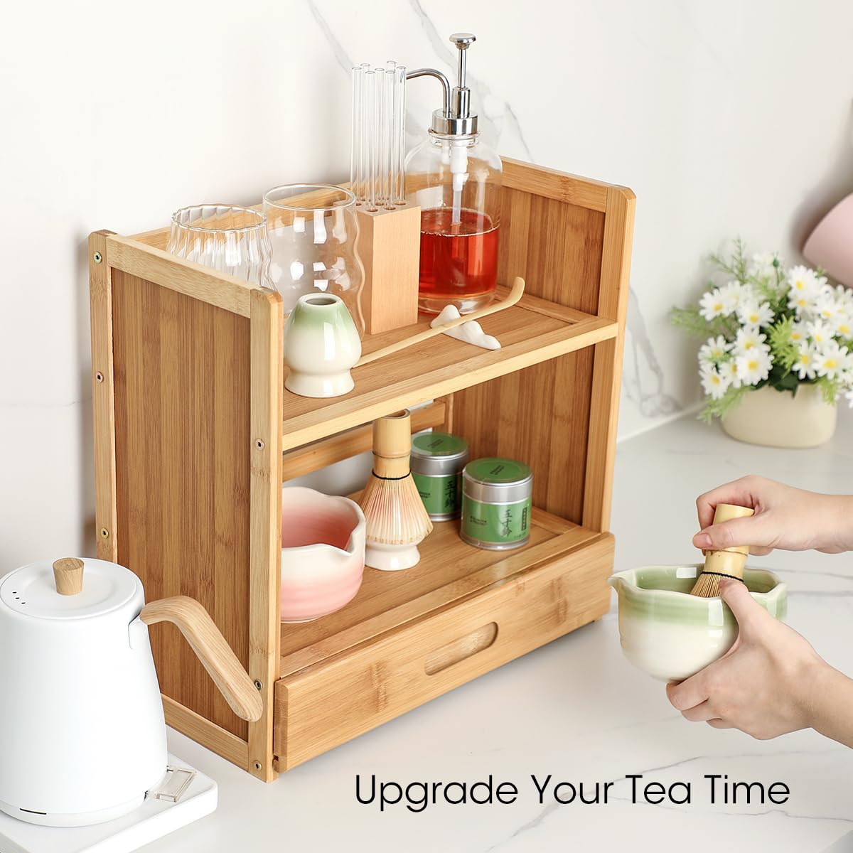 AIEVE Matcha Station Hidden Drawer keeps small tools dust-free and within easy reach.