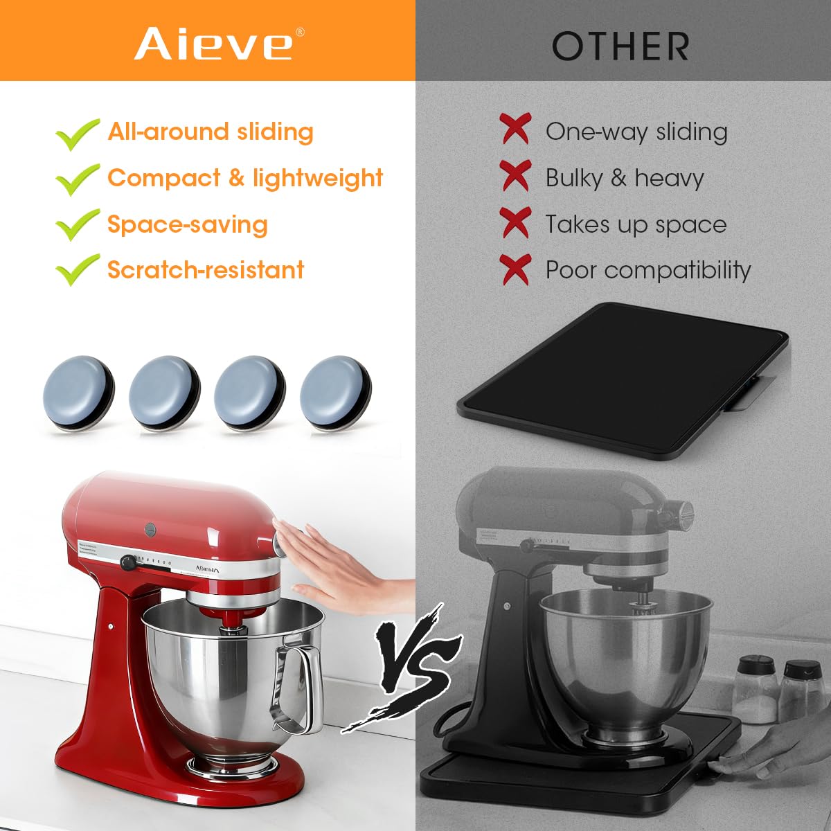 AIEVE PTFE glide base works on wood, tile, and other countertops.
