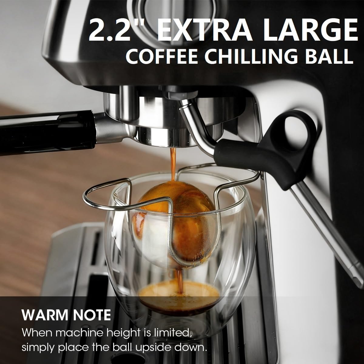 AIEVE XL large cooling ball sits in the cup during espresso extraction.