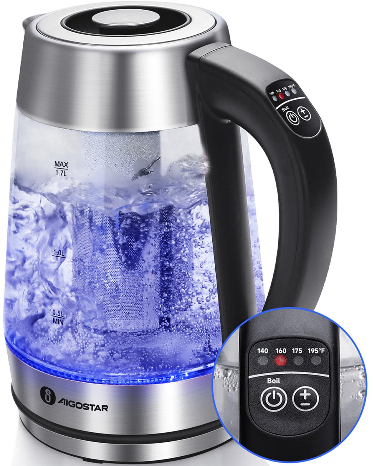 Aigostar glass kettle with infuser for easy loose-leaf tea brewing.
