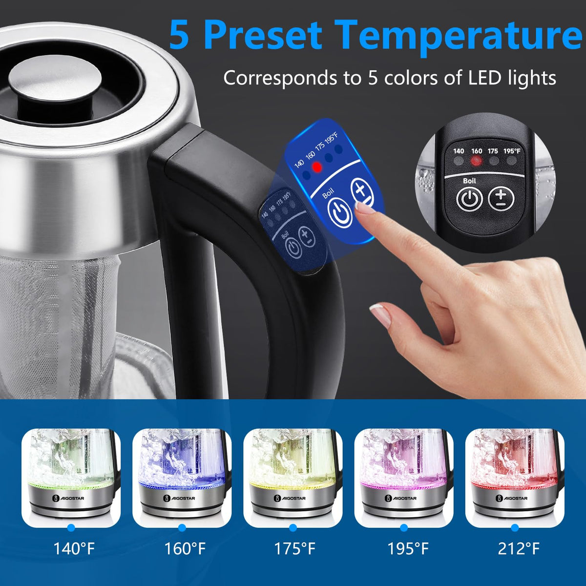 Aigostar kettle LED indicator shows temperature for precise brewing.