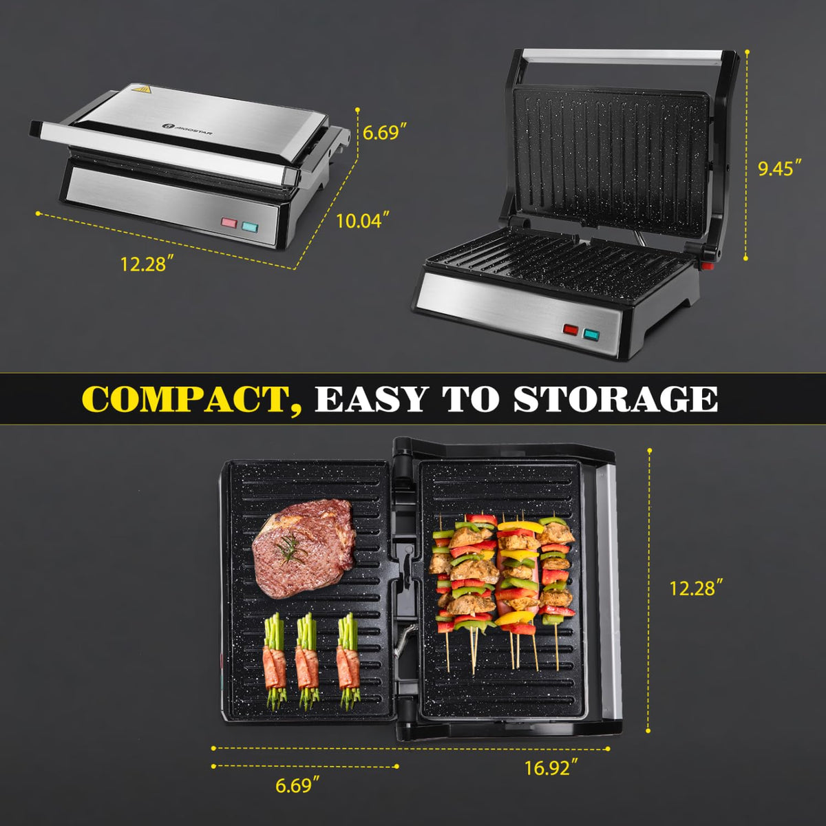 Aigostar Panini Press 1200W heats quickly for fast meals.
