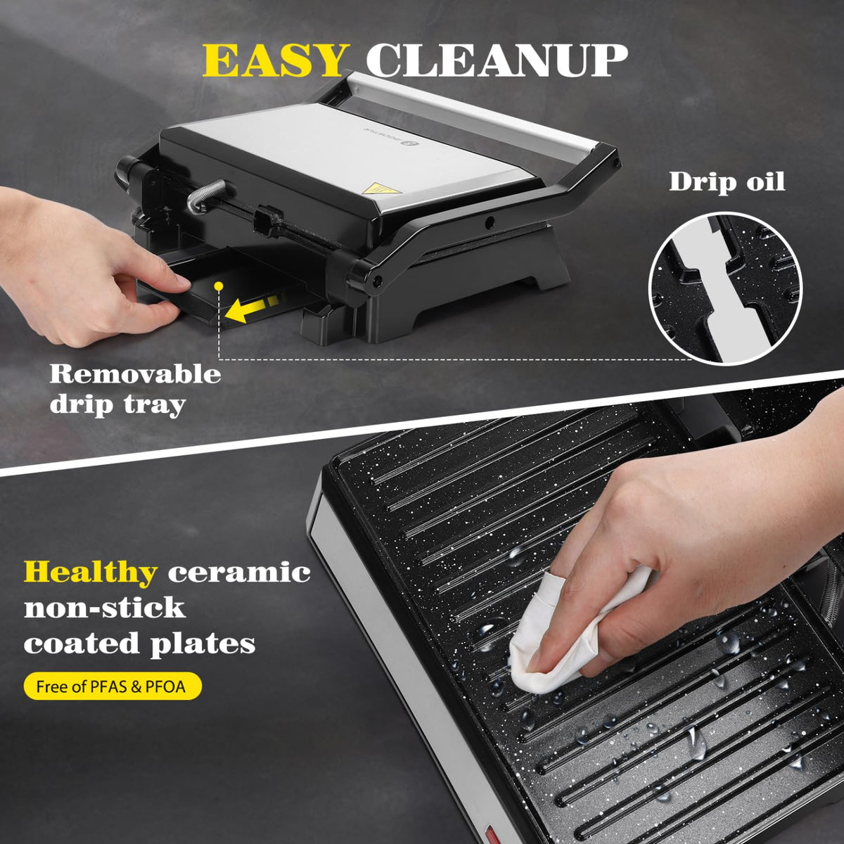 Aigostar Panini Press ceramic non-stick coating prevents sticking.