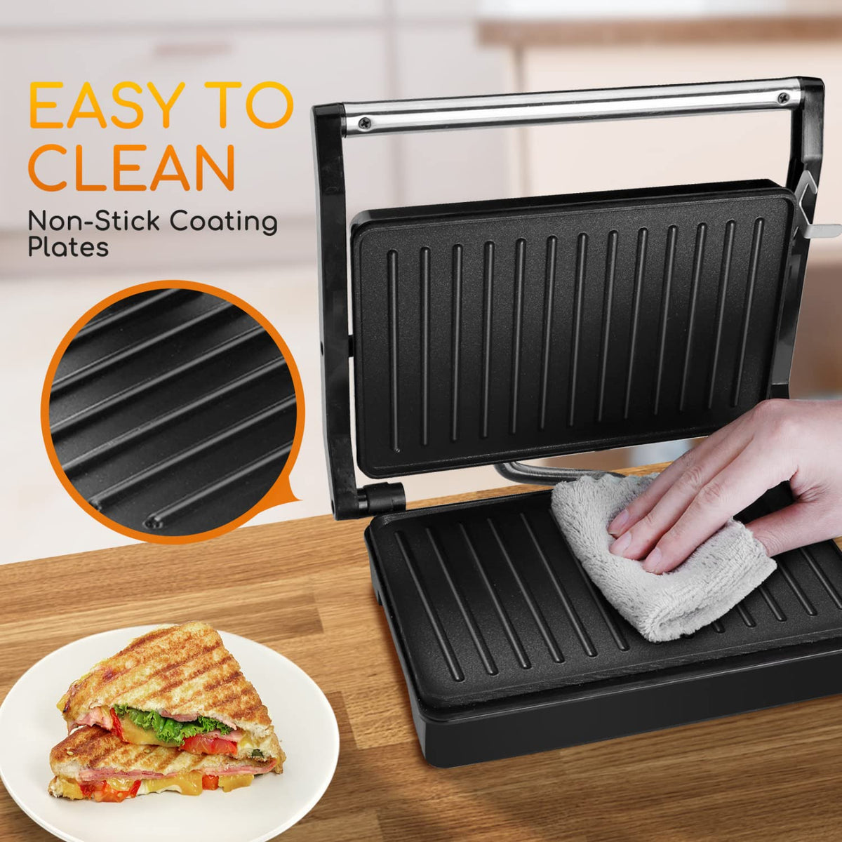 Cool-touch handle on the Aigostar panini press keeps hands safe.