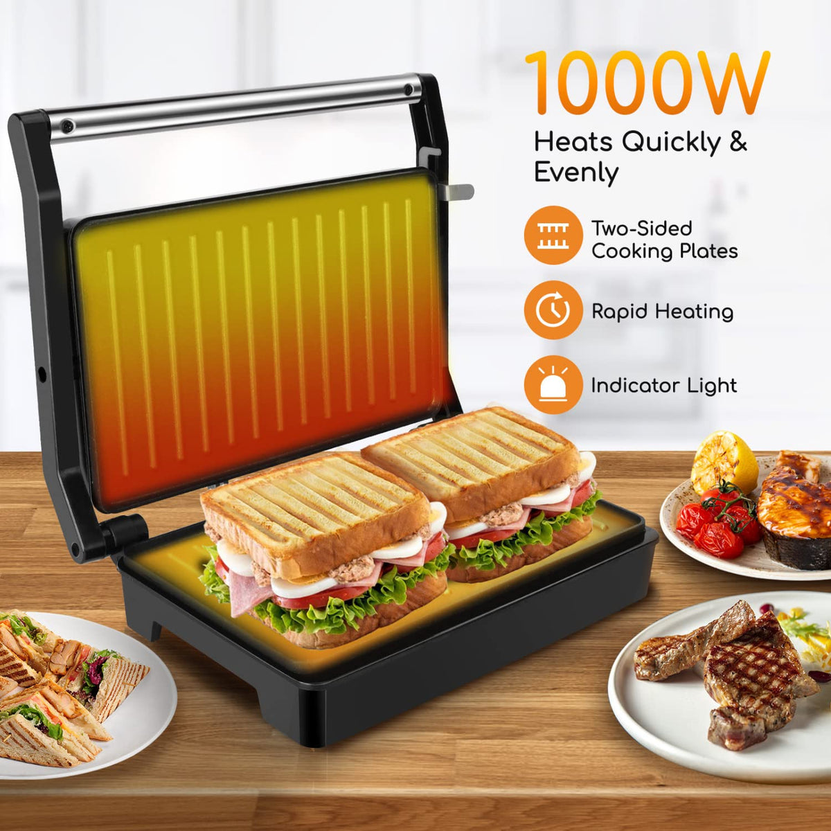 Aigostar panini press showing even heating for fast grilling.