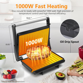 Aigostar Panini Press open 180 degrees enables double cooking surfaces.