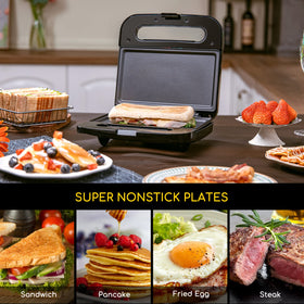 Aigostar sandwich maker open plate shows non-stick surface for easy release.