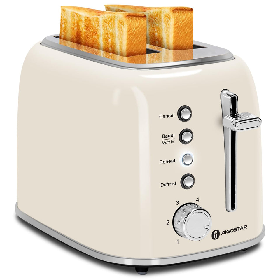 Aigostar Toaster 2 Slice with extra-wide slots in cream, ideal for thick bagels.