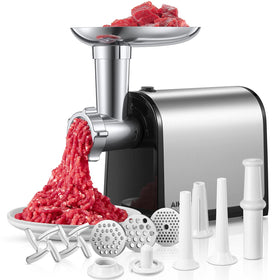 Aiheal electric meat grinder front view in stainless steel for home use.