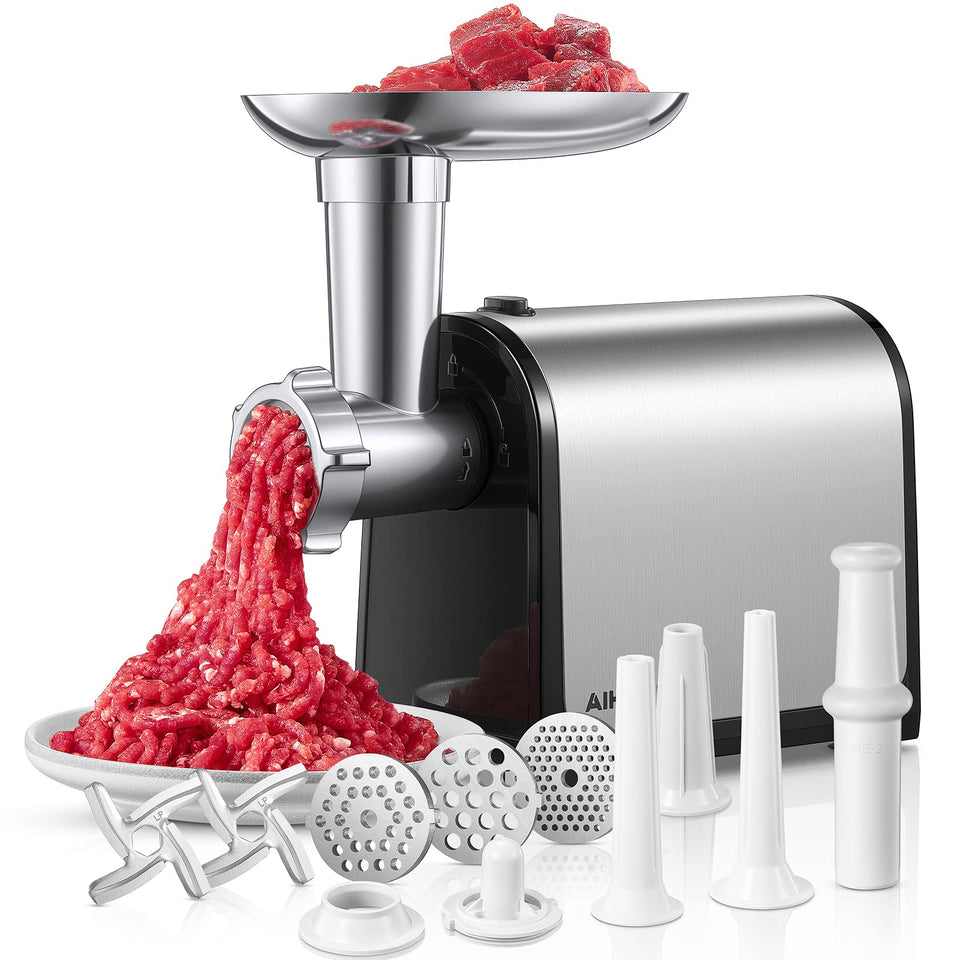 Aiheal electric meat grinder front view in stainless steel for home use.