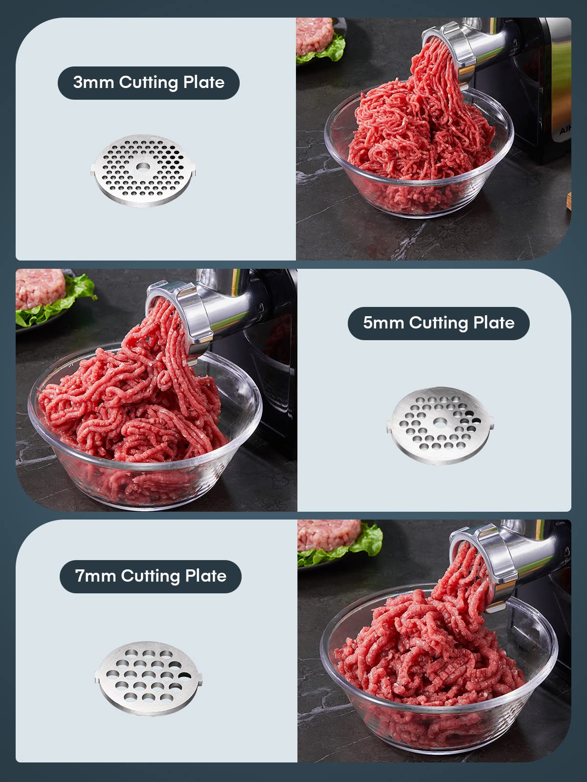 Aiheal grinding plates and blades provide versatile texture control.