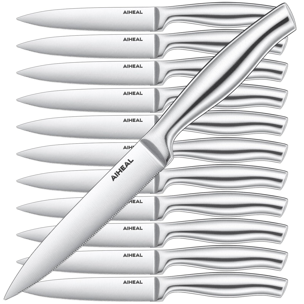 Aiheal 12pc steak knives set in block for ready table service.