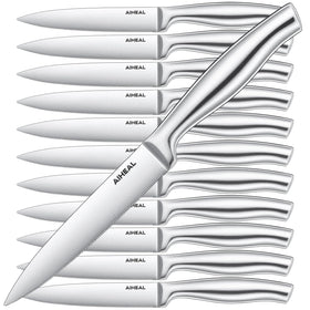 Aiheal 12pc steak knives set in block for ready table service.