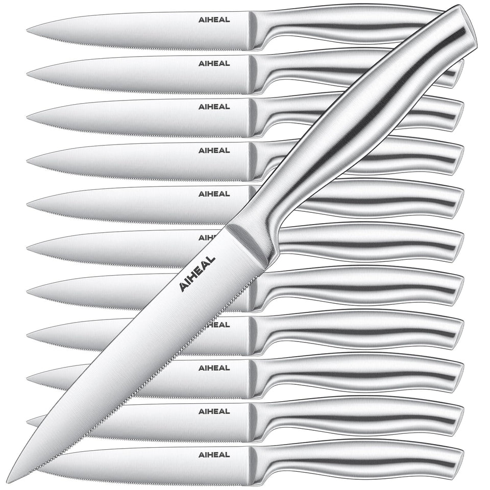 Aiheal 12pc steak knives set in block for ready table service.