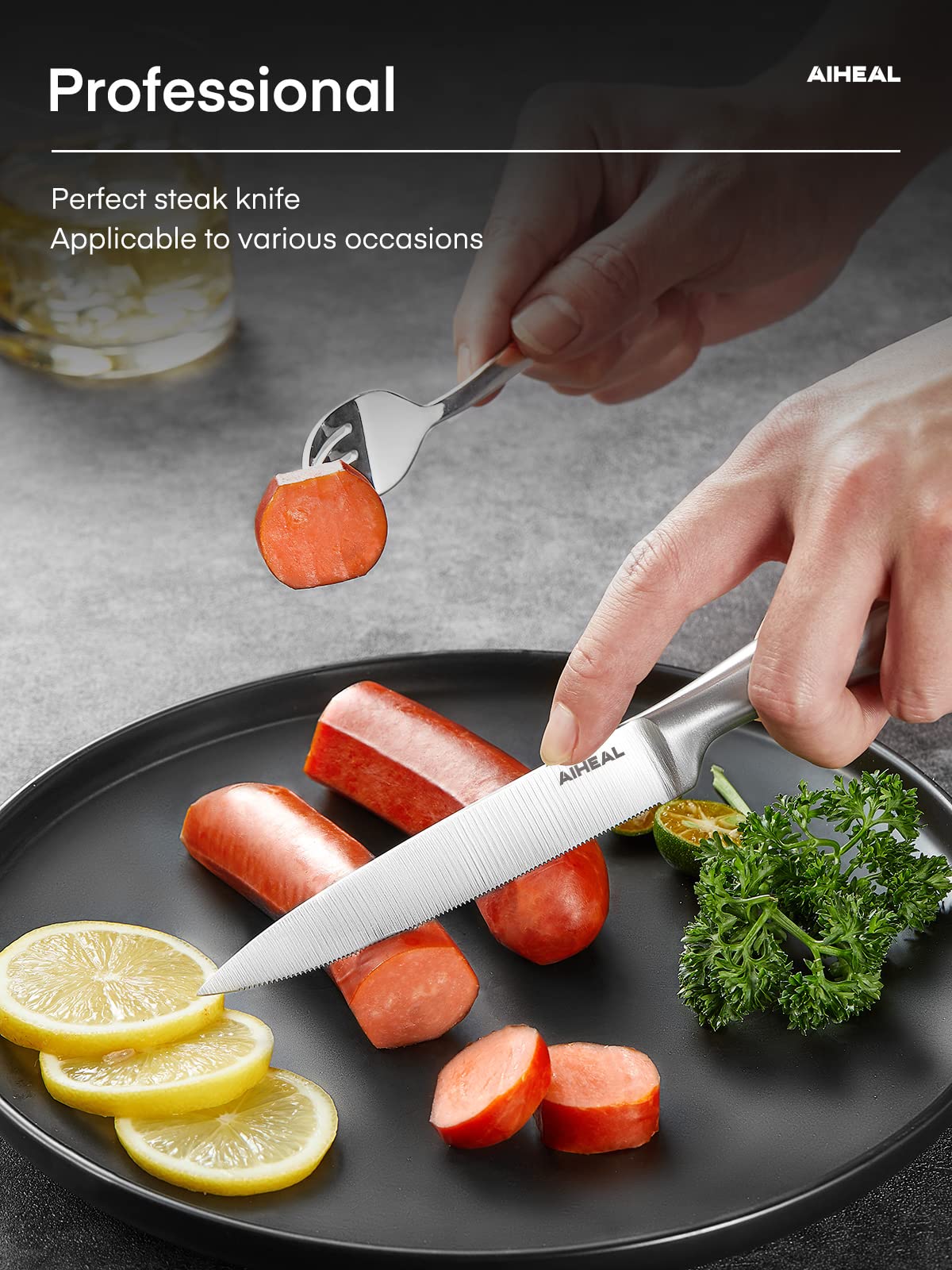 Action shot of Aiheal knives cutting meat with smooth, precise motion.