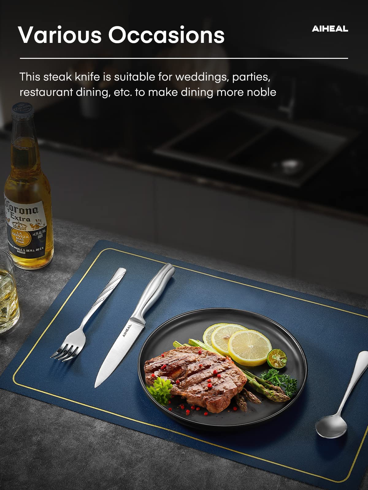 Ergonomic handle on Aiheal steak knife offers comfortable grip during use.