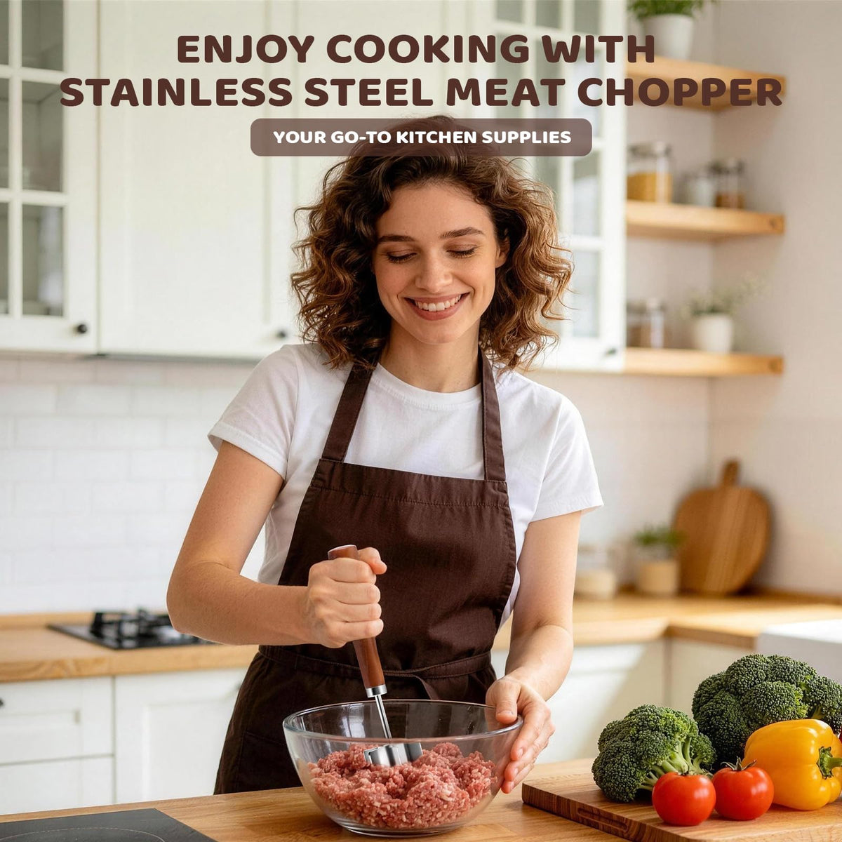 AIIHAC wooden-handle chopper providing safe, comfortable grip during busy meal prep.